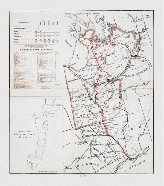 Map of the North Simcoe Railway, Ontario, 1890, map on durable cotton canvas, 50 x 70 cm or 20x25" approx.