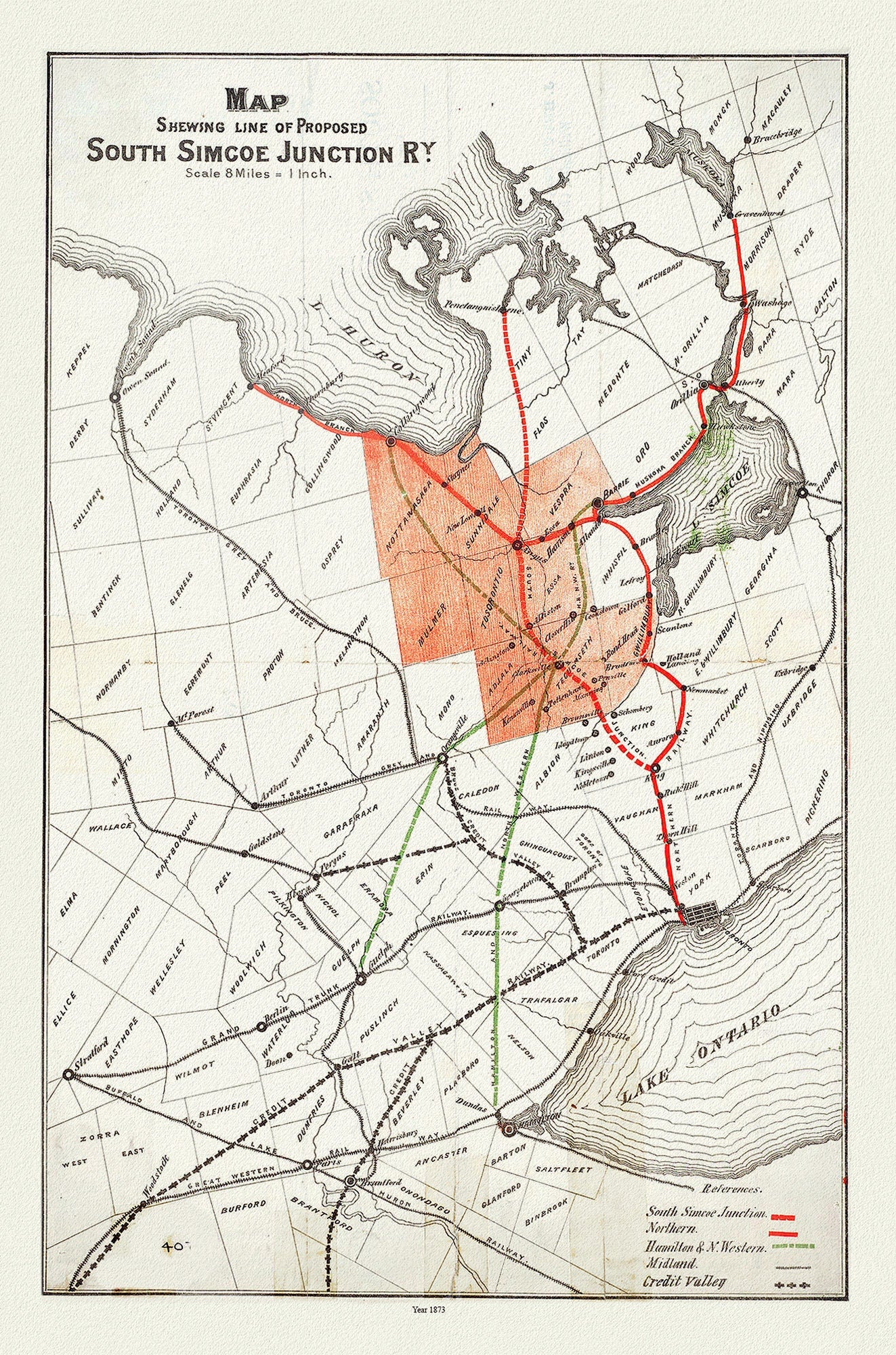 Map shewing line of proposed South Simcoe Junction Railway, Ontario, 1873, map on durable cotton canvas, 50 x 70 cm or 20x25" approx.