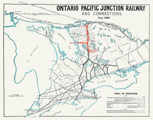 Ontario Pacific Junction Railway and connections, 1880, map on durable cotton canvas, 50 x 70 cm or 20x25" approx.