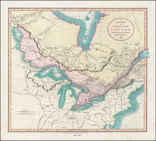 A New Map of Upper & Lower Canada, From the Latest Authorities, 1807, John Cary auth., cotton canvas, 50 x 70 cm, 20 x 25" approx.