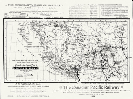 British Columbia, Brownlee auth., 1898, map on durable cotton canvas, 50 x 70 cm, 20 x 25" approx.