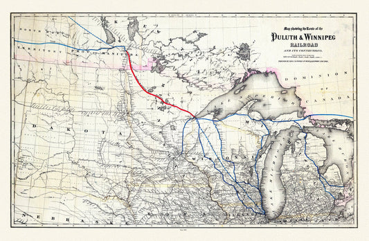 Colton, Route of the Duluth & Winnipeg Railroad, 1881, map on durable cotton canvas, 50 x 70 cm, 20 x 25" approx.