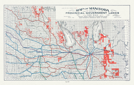 Manitoba shewing provincial government lands for sale, 1907 , map on durable cotton canvas, 50 x 70 cm, 20 x 25" approx.