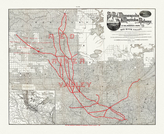 St. Paul, Minneapolis & Manitoba Railway, 1886 , map on durable cotton canvas, 50 x 70 cm, 20 x 25" approx.