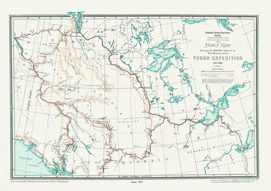 Index Map Shewing the Routes Followed by the Members of the Yukon Expedition, 1887-1888,(1891), map on  canvas, 50 x 70 cm, 20 x 25" approx.