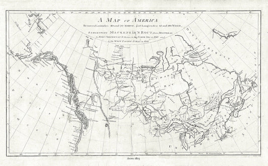 Map of America showing MacKenzie's Route from Montreal to Ft. Chepewyan in 1793, map on durable cotton canvas, 50 x 70 cm, 20 x 25" approx.