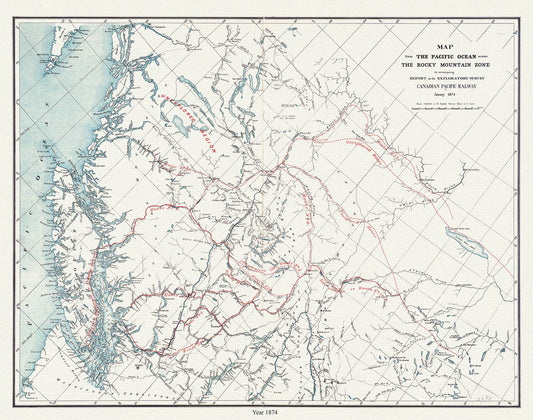 Map from the Pacific Ocean across the Rocky Mountain zone  to accompany report on the exploratory survey.CPR.1874,   20x25" approx.