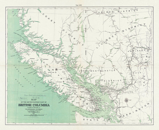 Map of the south-western part of British Columbia, Vernon, 1892, map on durable cotton canvas, 50 x 70 cm, 20 x 25" approx.