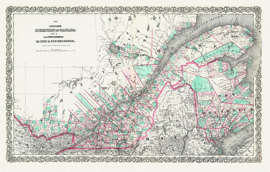 Quebec & New Brunswick, 1874, Colton auth., map on durable cotton canvas, 50 x 70 cm, 20 x 25" approx.