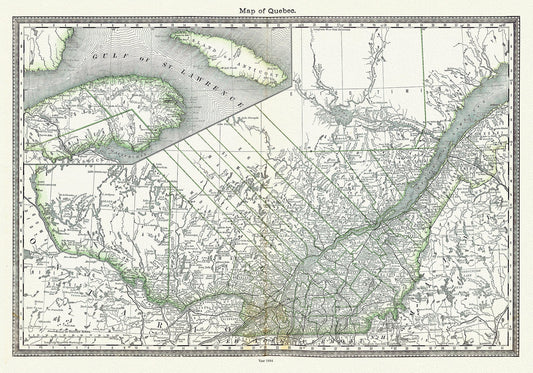 Map of Quebec, 1884, Hardesty & Co. auth. , map on durable cotton canvas, 50 x 70 cm, 20 x 25" approx.