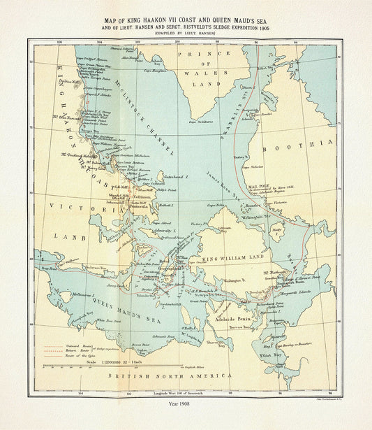 Expeditions in the Canadian North, 1905, Hanson et Ristveldt, map on durable cotton canvas, 50 x 70 cm, 20 x 25" approx.