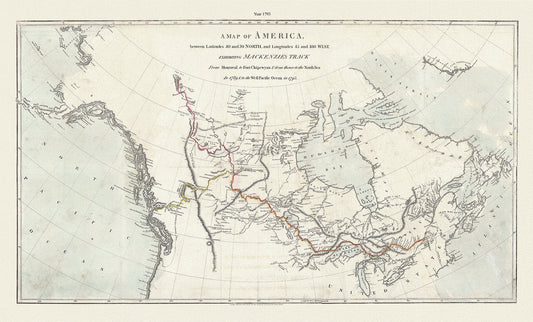 Mackenzie's Track, between latitudes 40 and 70 north, and longitudes 45 and 180 west, 1793 , map on canvas, 50 x 70 cm, 20 x 25" approx.