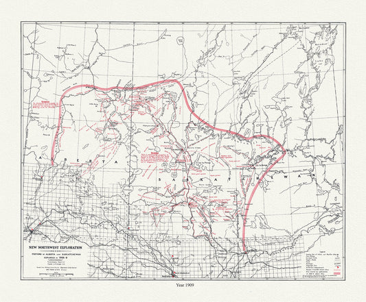 New Northwest Exploration, in Portions of Alberta and Saskatchewan, 1909  , map on durable cotton canvas, 50 x 70 cm, 20 x 25" approx.