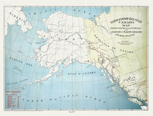 Yukon and Cassiar Gold Fields Canada Map Shewing Routes from Victoria B.C. and Location of Placer Ground Now Being Exploited, 1897, 20 x 25"
