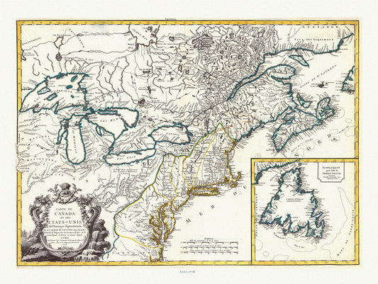Carte du Canada et des Etats Unis de l'Amérique Septentrionale, 1778, Vaugondy auth, map on durable  canvas, 50 x 70 cm, 20 x 25" approx.