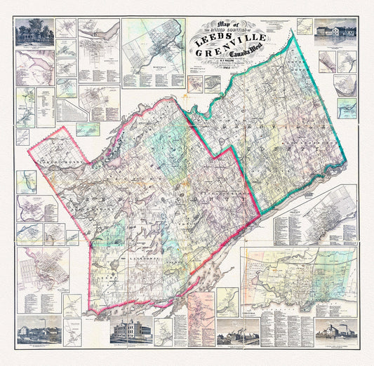 E Map of the United Counties of Leeds and Grenville, Canada West.1861, map on durable cotton canvas, 50 x 70 cm, 20 x 25" approx.
