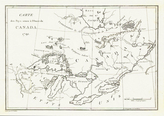 Carte des Pays situes a l'Ouest du Canada, Stephen H. Long auth.,1791, map on durable cotton canvas, 50 x 70 cm, 20 x 25" approx.
