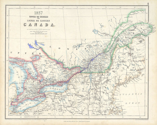 Canada ,Central,1857, Johnston auth., map on durable cotton canvas, 50 x 70 cm, 20 x 25" approx.