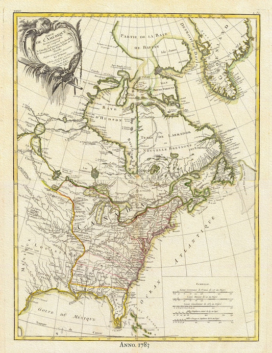 North America, 1783 Bonne auth., map on durable cotton canvas, 50 x 70 cm, 20 x 25" approx.