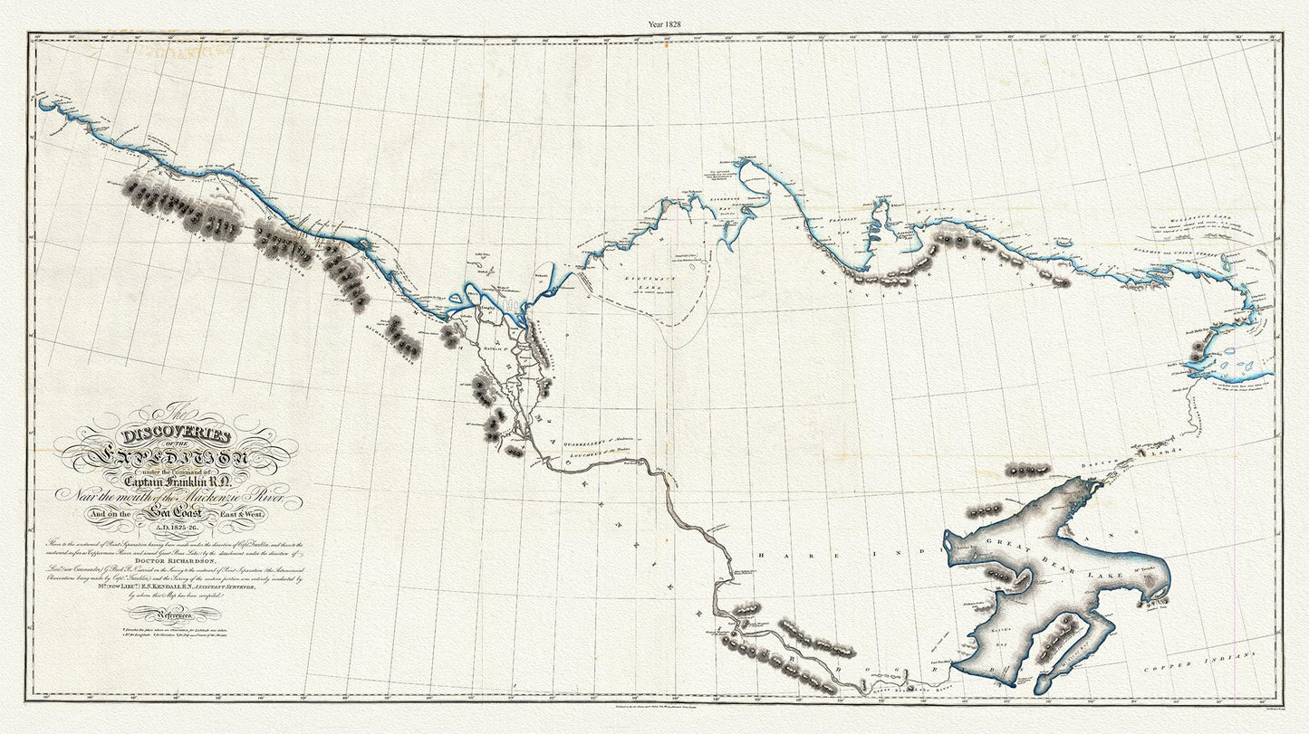 Discoveries of the expedition under the command of Captain Franklin R.N. near the mouth of the Mackenzie River, 1828 map, 20 x 36" approx.