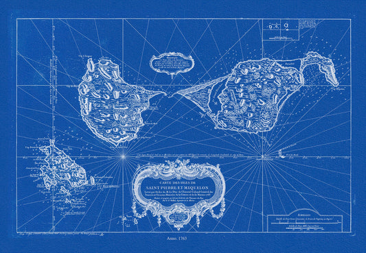 Carte des les Saint Pierre et Miquelon, 1763, Bellin auth., Cyanotype, map on durable cotton canvas, 50 x 70 cm, 20 x 25" approx.