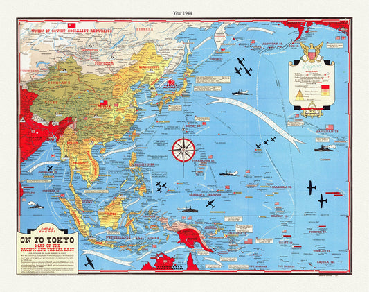 WW II, Dated Events, On To Tokyo, Map of the Pacific and the Far East, 1944, Turner auth., map on canvas, 50 x 70 cm, 20 x 25" approx.