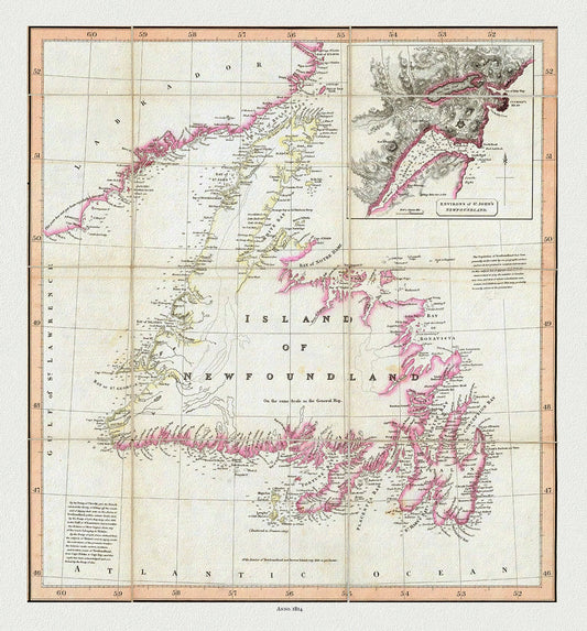 Newfoundland, 1814, Purdie auth., map on durable cotton canvas, 50 x 70 cm, 20 x 25" approx.