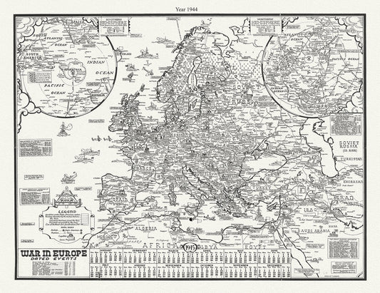 WW II, War In Europe, Dated Events 1944, S.Turner auth., map on durable cotton canvas, 50 x 70 cm, 20 x 25" approx.