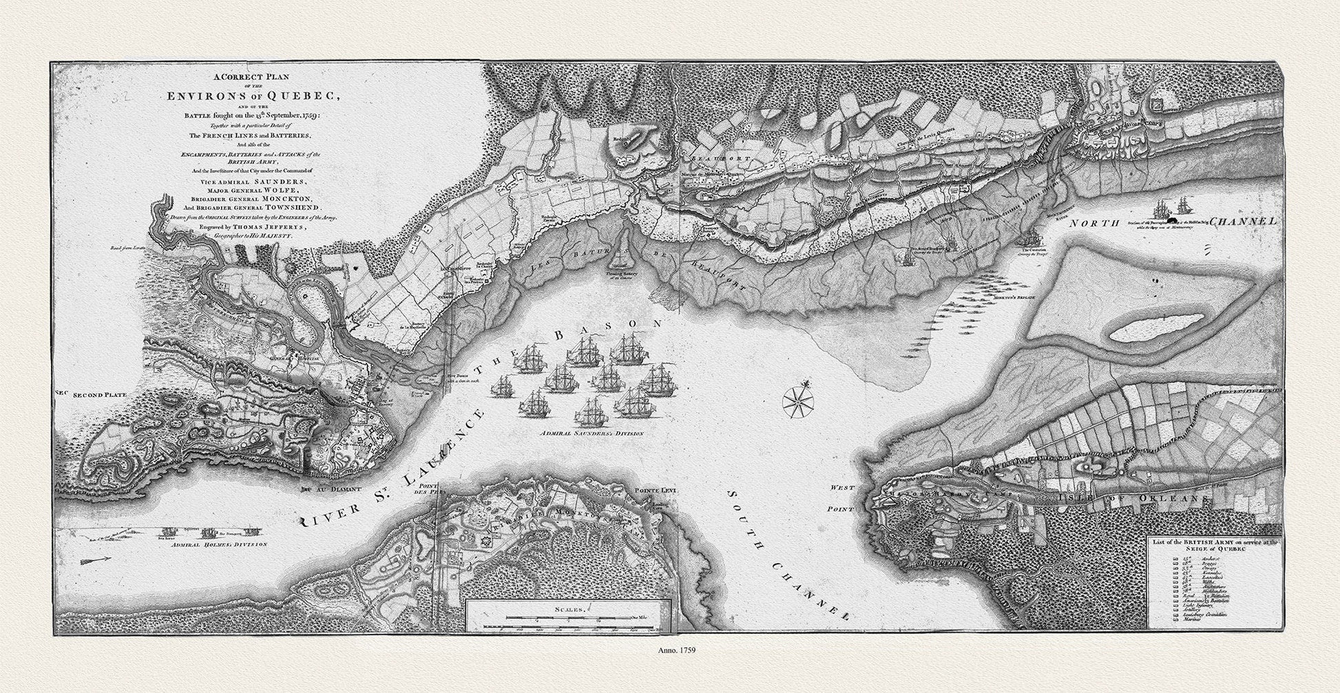 Jefferys, A correct plan of the environs of Quebec, and of the battle fought on the 13th September, 1759, Map on canvas 20x25" - The Map Chest