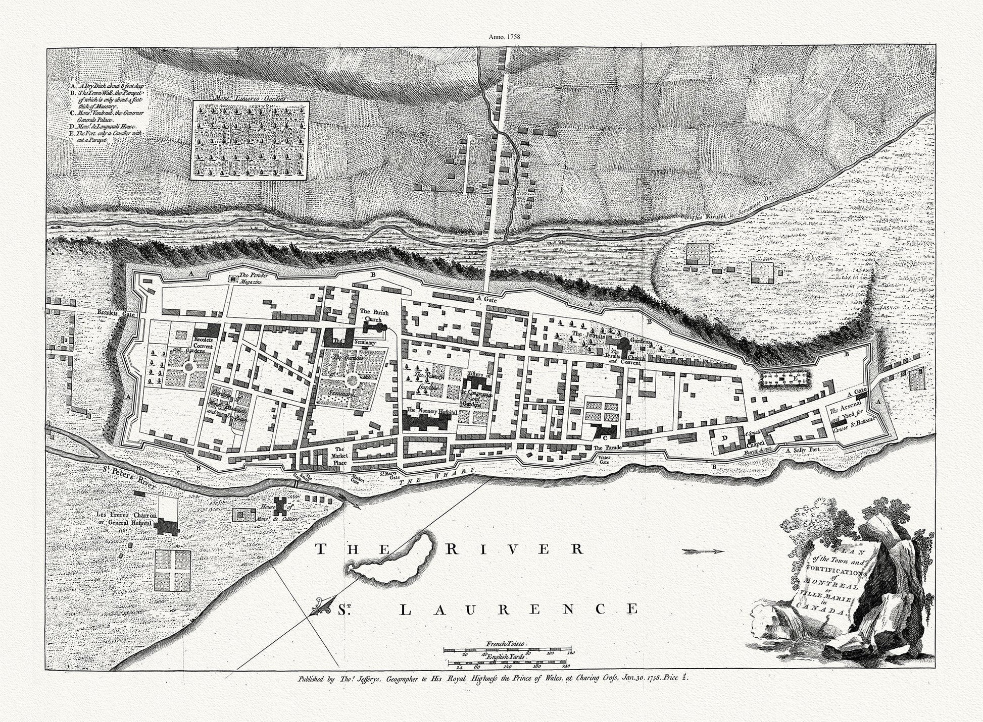 Jefferys, Town and Fortifications of Montreal or Ville Marie in Canada, 1758, map on heavy cotton canvas, 20x27" approx. - The Map Chest