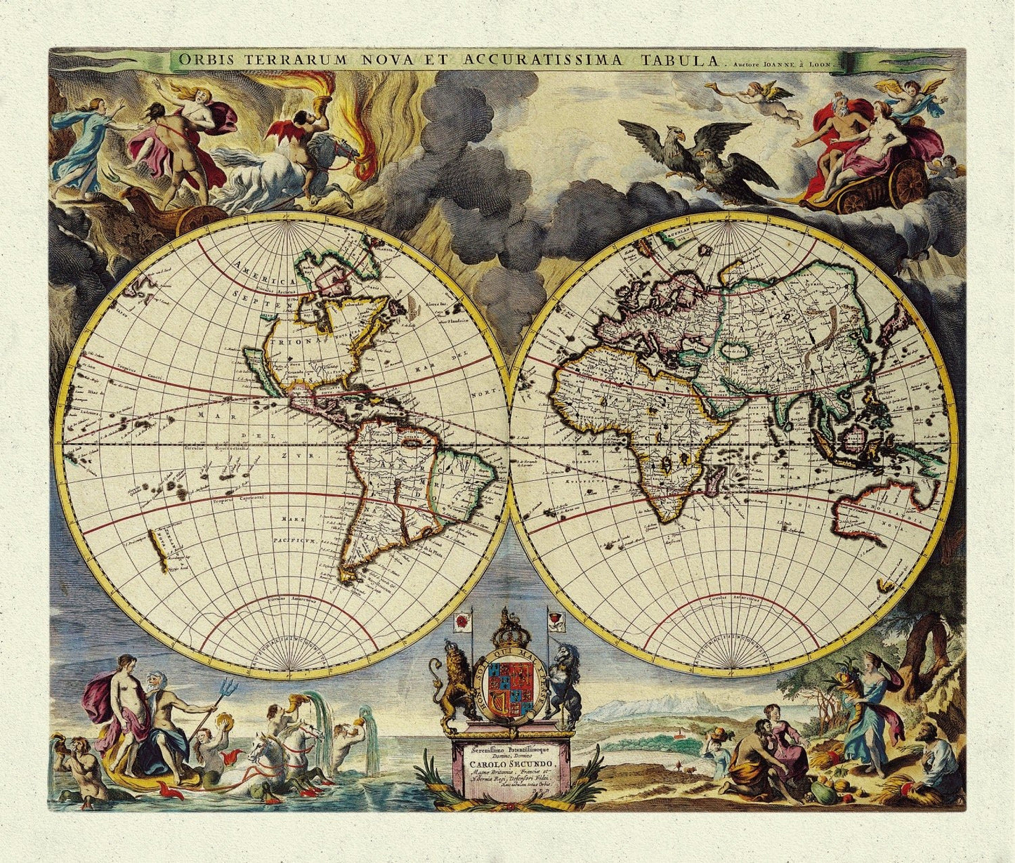 Johannes Blaue, Atlas van Loon, Orbus Terrarum,1664 Ver. D, Map on heavy cotton canvas, 22x27in. approx. - The Map Chest