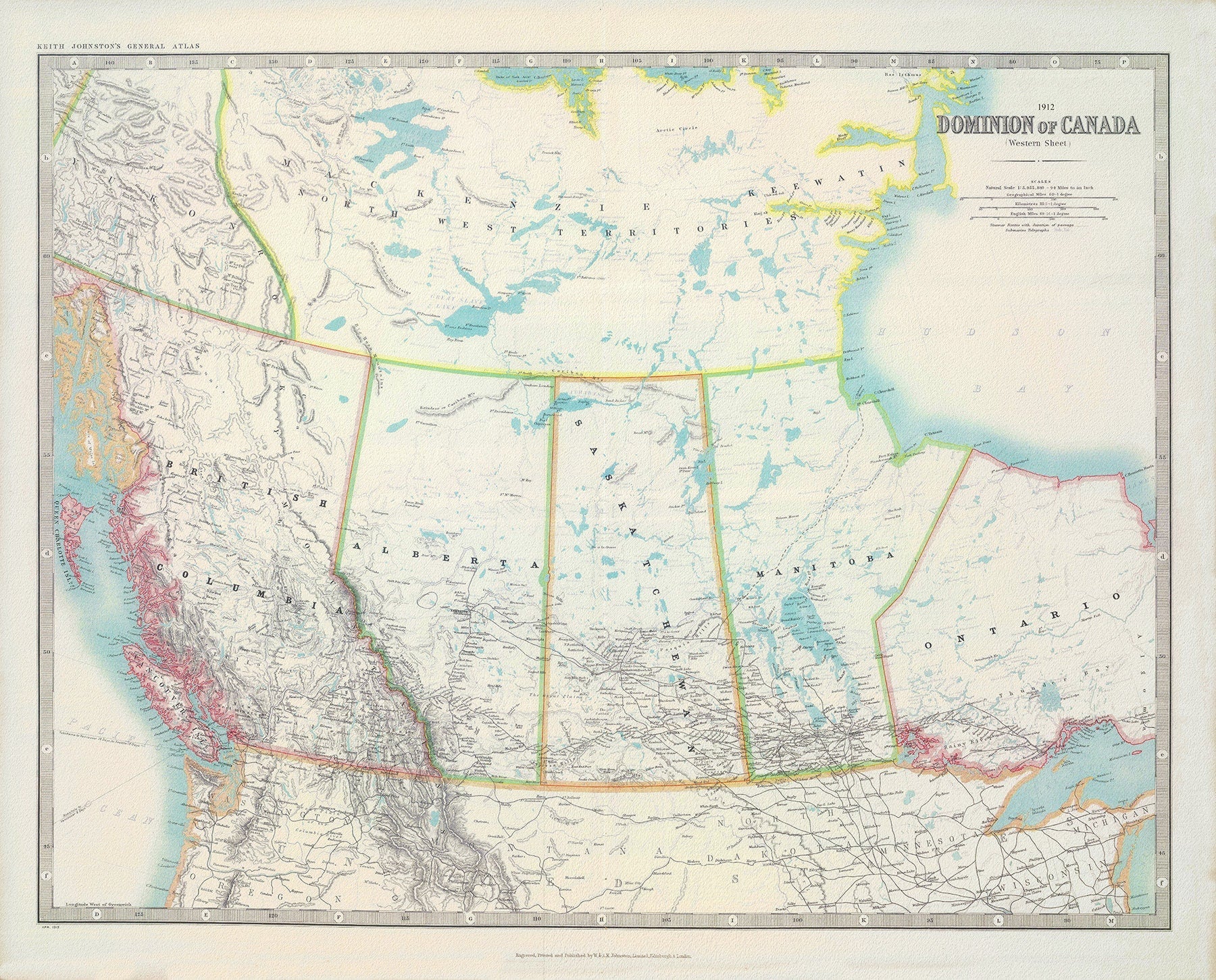 Johnson, Western Canada, 1912 , map on heavy cotton canvas, 22x27" approx. - The Map Chest