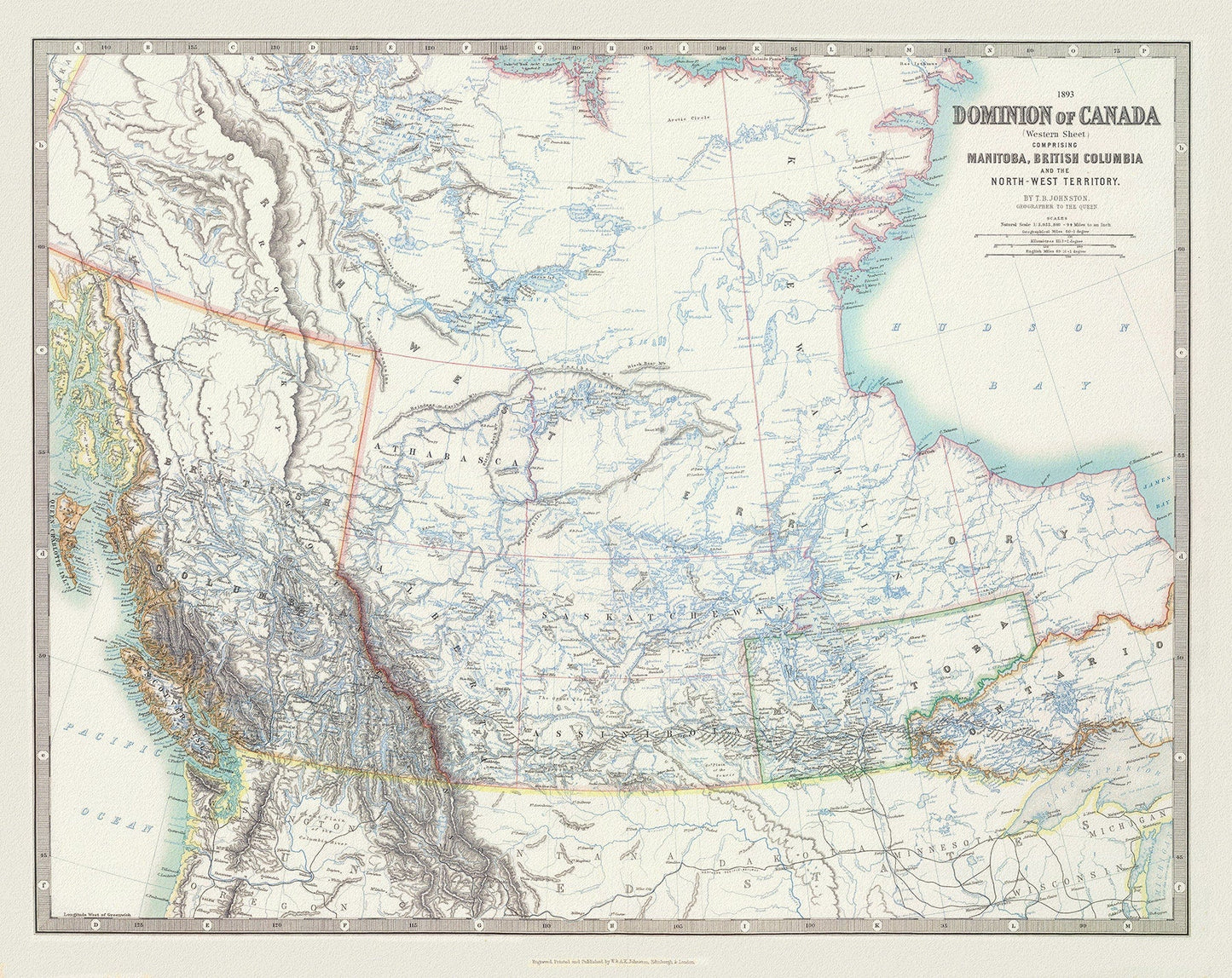 Johnston, Western Canada, 1893, map on heavy cotton canvas, 22x27" approx. - The Map Chest