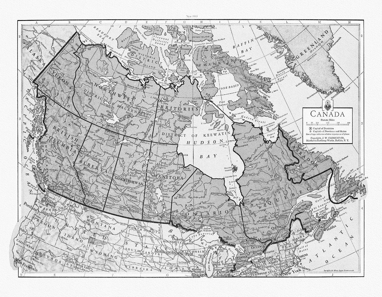 J.W. Clement Co., Canada, 1943 Ver. BW, map on heavy cotton canvas, 22x27" approx. - The Map Chest