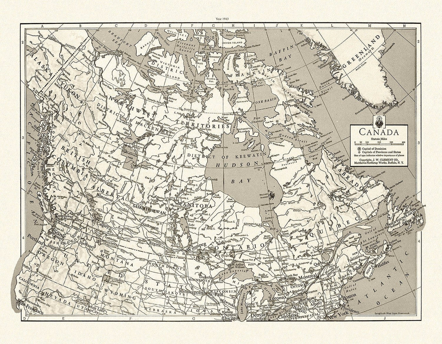 J.W. Clement Co., Canada, 1943 Ver. BWMWS70, map on heavy cotton canvas, 20 x 25" approx. - The Map Chest