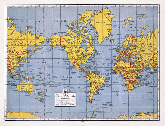 J.W. Clement Co., The World, Mercator Projection,1943 ,Map on heavy cotton canvas, 22x27in. approx. - The Map Chest