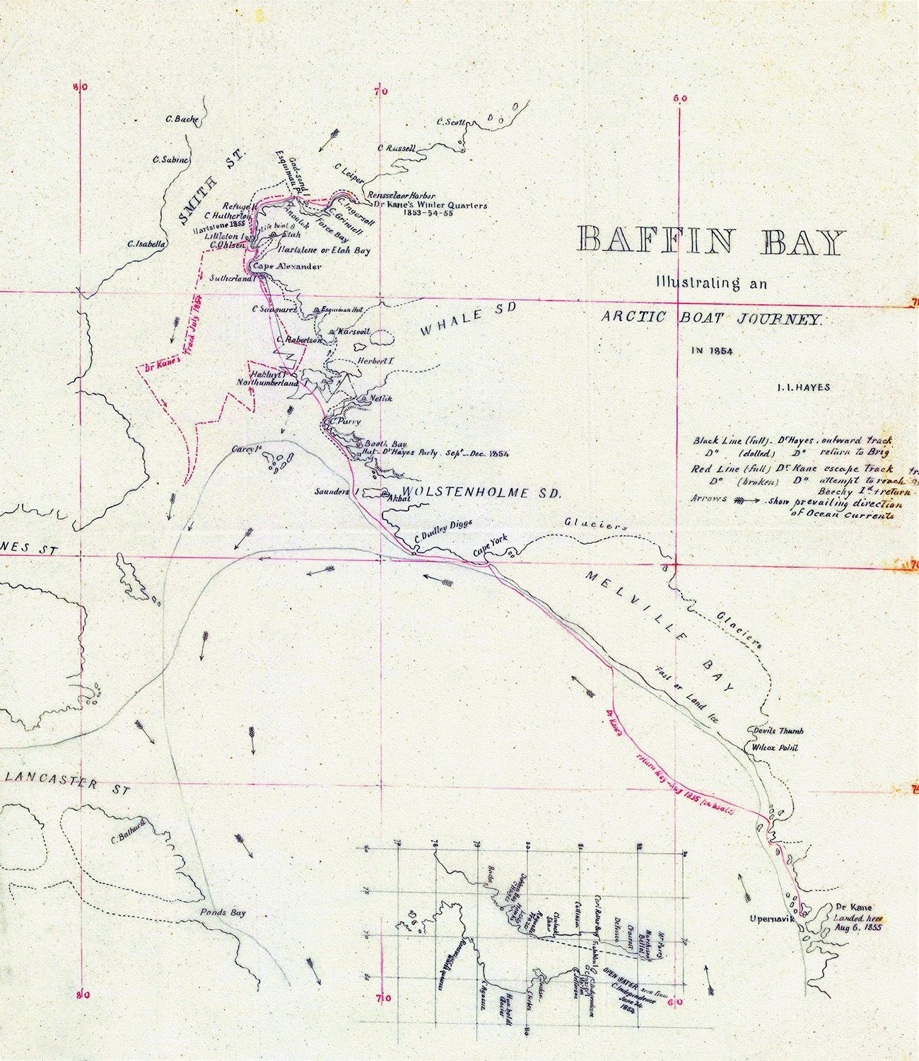 Kane et Hayes, Baffin Bay Journey, A Manuscript, 1855, map on heavy cotton canvas, 50 x 70 cm, 20 x 25" approx. - The Map Chest