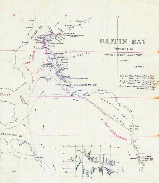 Kane et Hayes, Baffin Bay Journey, A Manuscript, 1855, map on heavy cotton canvas, 50 x 70 cm, 20 x 25" approx. - The Map Chest