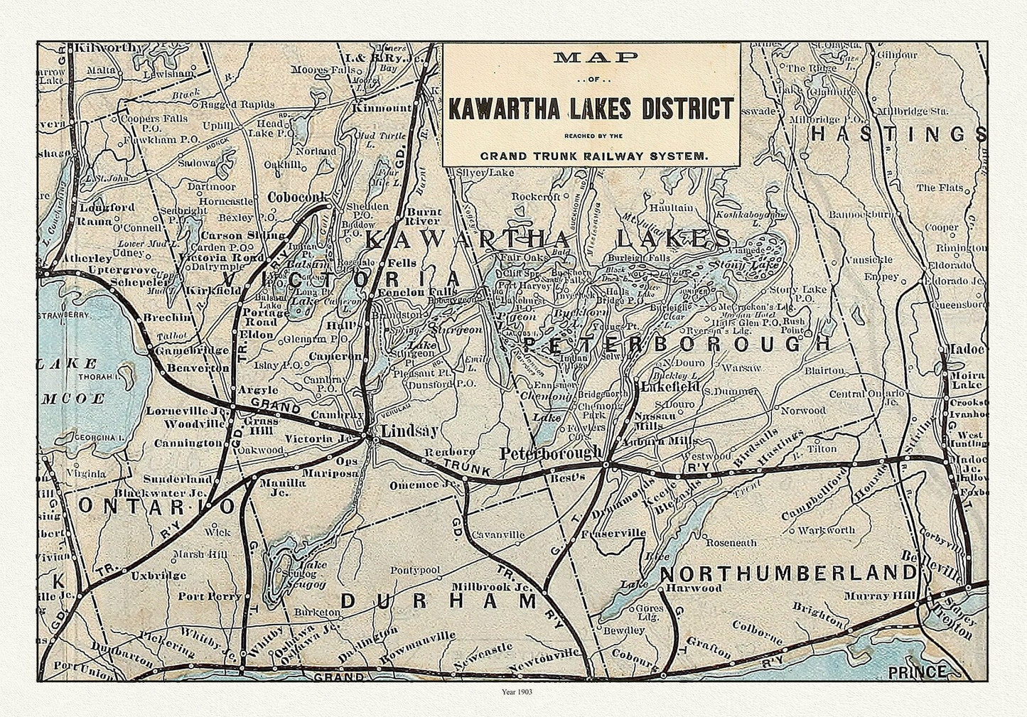 Kawartha Lake District, Grand Trunk Railway, 1903 Ver. II, map on durable cotton canvas, 50 x 70 cm, 20 x 25" approx. - The Map Chest