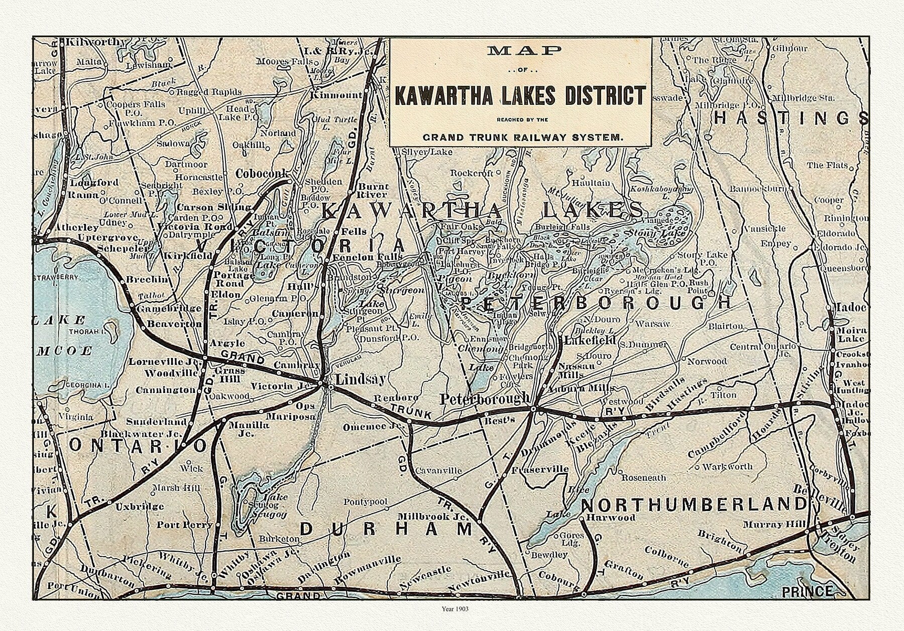Kawartha Lake District, Grand Trunk Railway, 1903 Ver. II, map on durable cotton canvas, 50 x 70 cm, 20 x 25" approx. - The Map Chest