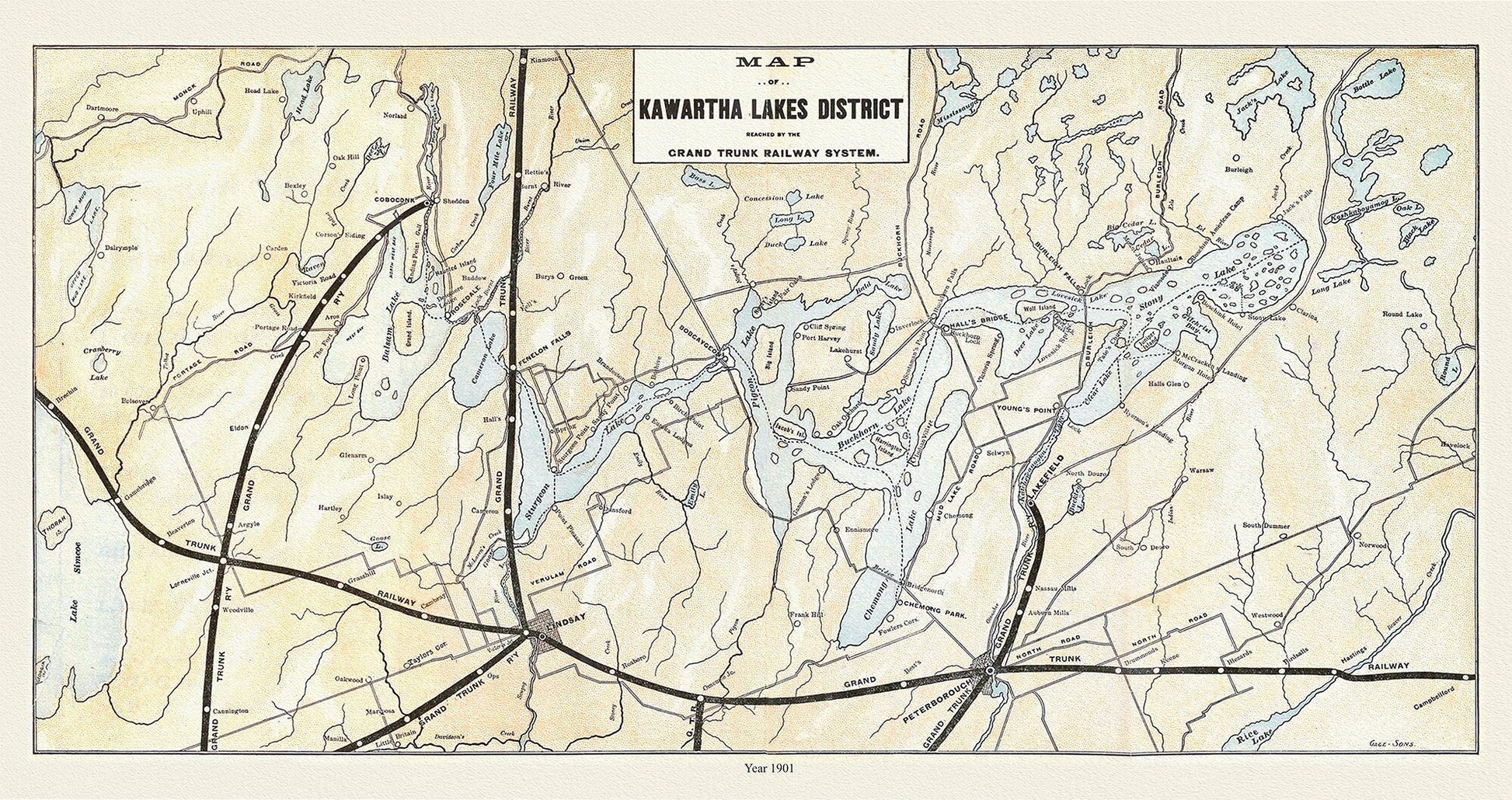 Kawartha Lakes District, Grand Trunk Railroad, 1901 , map on durable cotton canvas, 50 x 70 cm, 20 x 25" approx. - The Map Chest