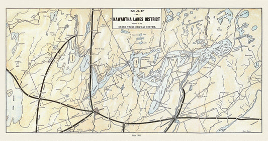 Kawartha Lakes District, Grand Trunk Railroad, 1901 , map on durable cotton canvas, 50 x 70 cm, 20 x 25" approx. - The Map Chest