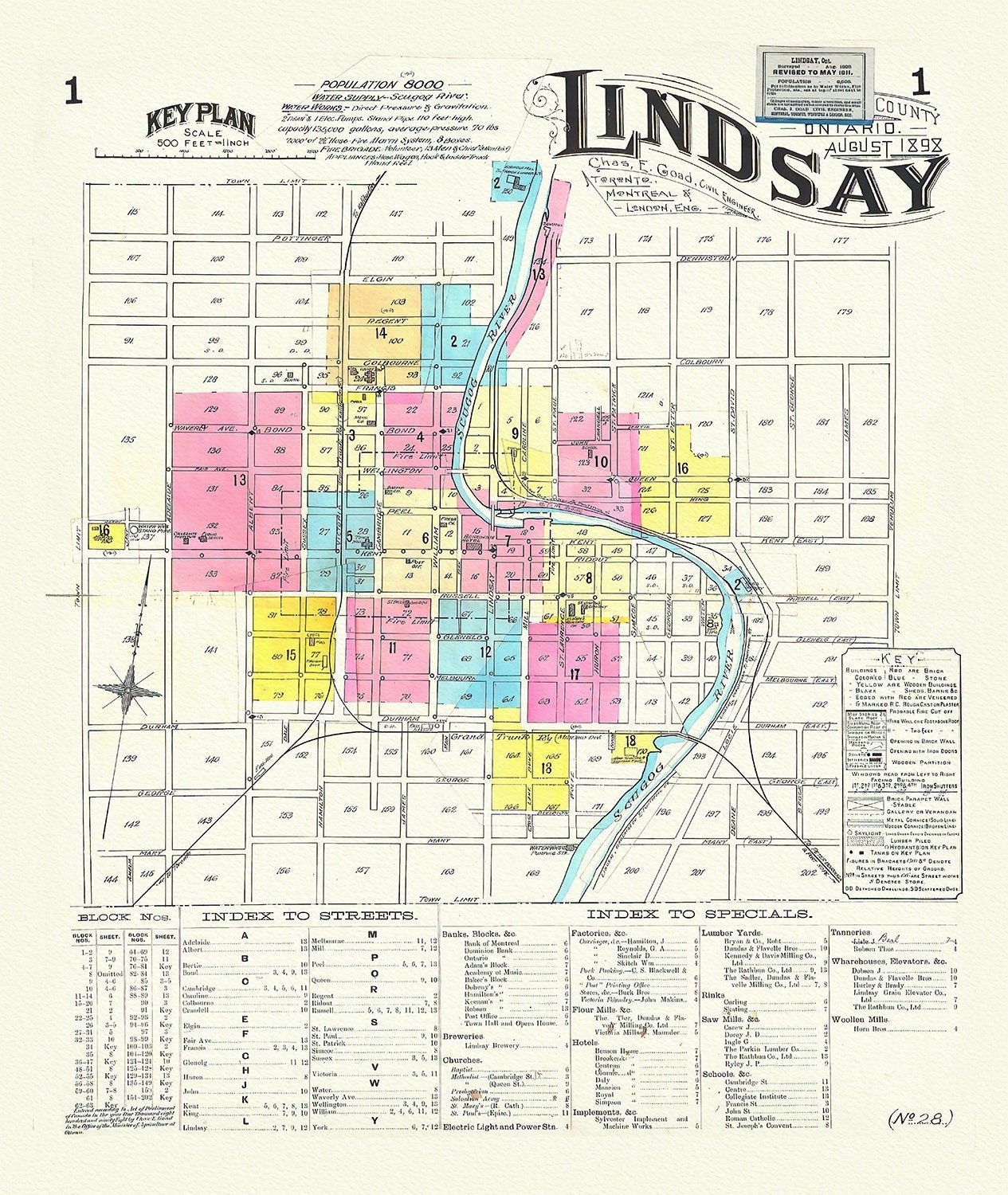 Key Plan, Lindsay, Ontario, 1898, map on heavy cotton canvas, 45 x 65 cm, 18 x 24" approx. - The Map Chest