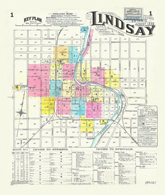 Key Plan, Lindsay, Ontario, 1898, map on heavy cotton canvas, 45 x 65 cm, 18 x 24" approx. - The Map Chest