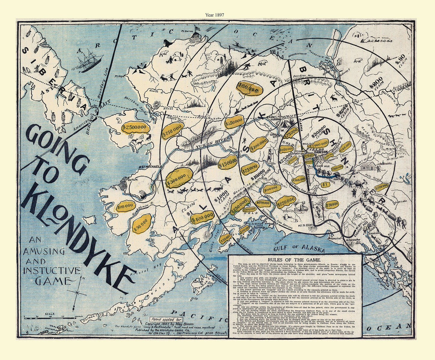 Klondike Game Co., Going to Klondyke, 1897, vintage print on canvas, 50 x 70 cm, 20 x 25" approx. - The Map Chest