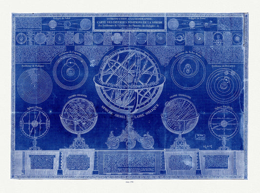 la geographie carte des diverses positions de la sphere, des systhemes de Univers, des planettes, des eclypses, cyanotype, 1798, 22x27 - The Map Chest