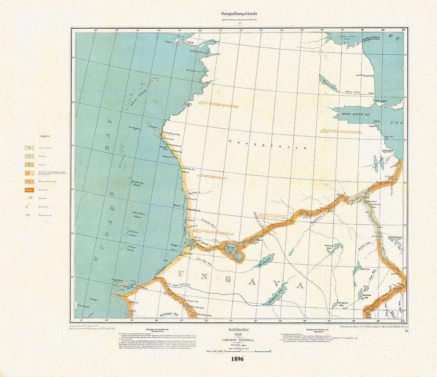 Labrador Peninsula, NW Sheet, 1896 , map on heavy cotton canvas, 45 x 65 cm, 18 x 24" approx. - The Map Chest