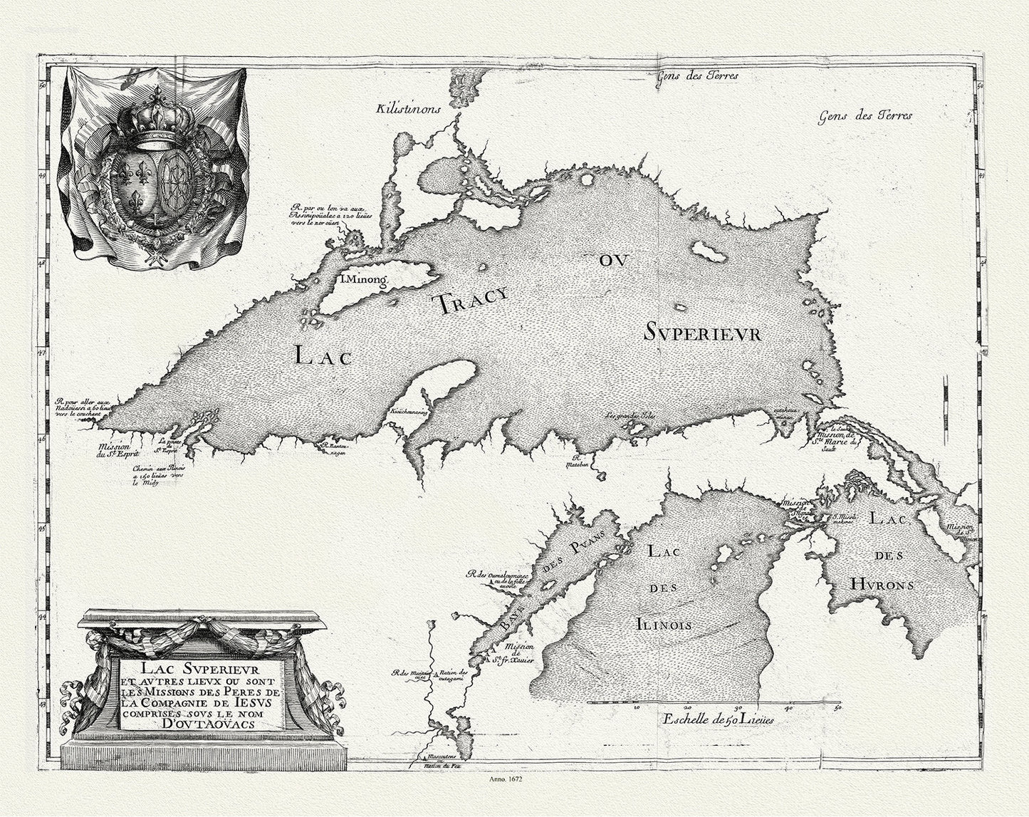 Lac Superieur et autres lieux ou sont les Missions des Peres de la Compagnie de Jesus comprises sous le non D'outaouacs, 1672, 20 x 25" - The Map Chest