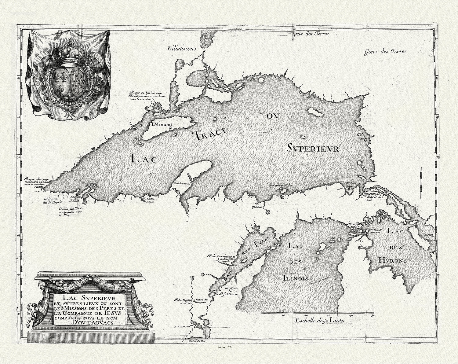 Lac Superieur et autres lieux ou sont les Missions des Peres de la Compagnie de Jesus comprises sous le non D'outaouacs, 1672, 20 x 25" - The Map Chest