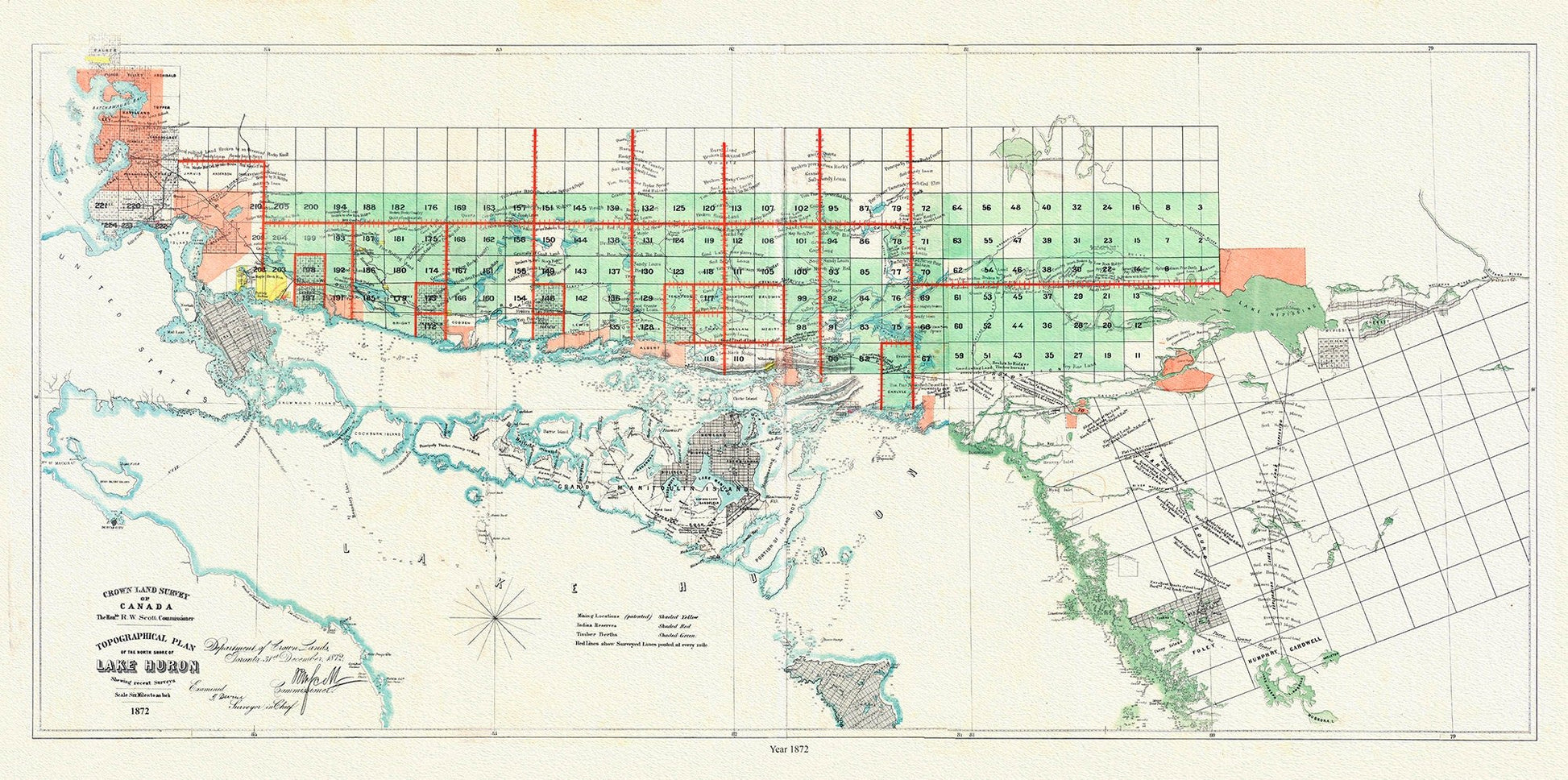 Lake Huron, North Shore, A Topographical plan of the north shore of shewing recent surveys, 1872, on canvas, 50 x 70 cm, 20 x 25" approx. - The Map Chest